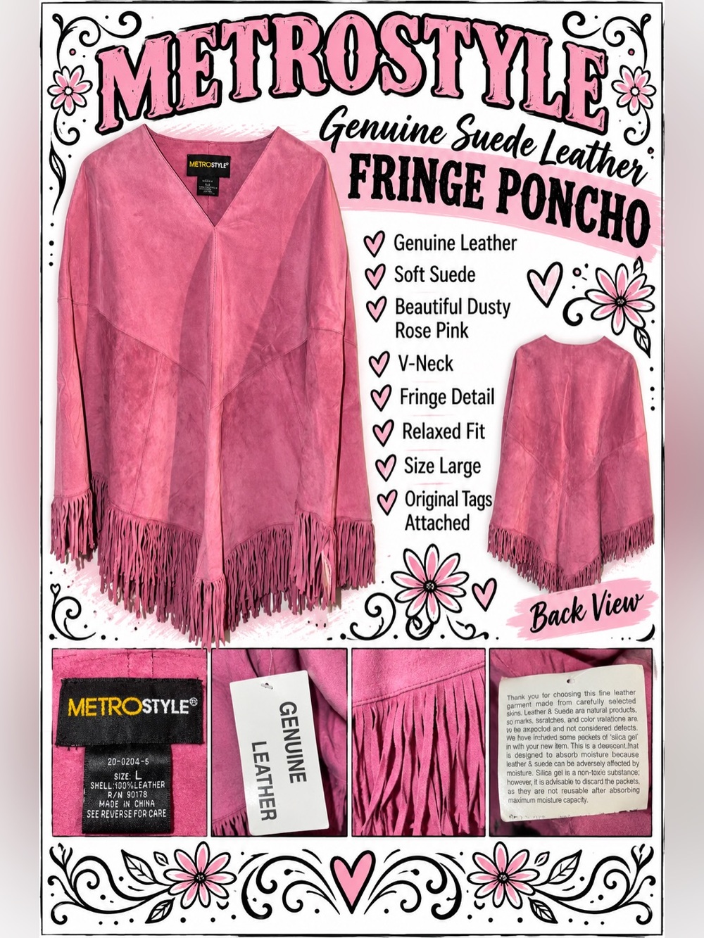 Metrostyle Genuine Pink Suede Leather Fringe Poncho Boho Western L NWT